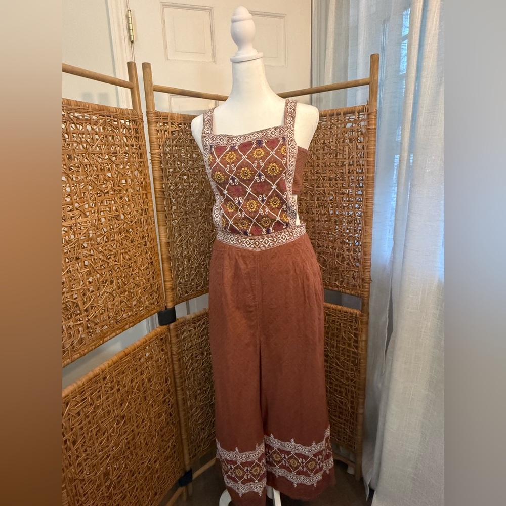 Anthropologie Rust Embroidered Sleeveless Wide-Leg Jumpsuit BohoOpen Back